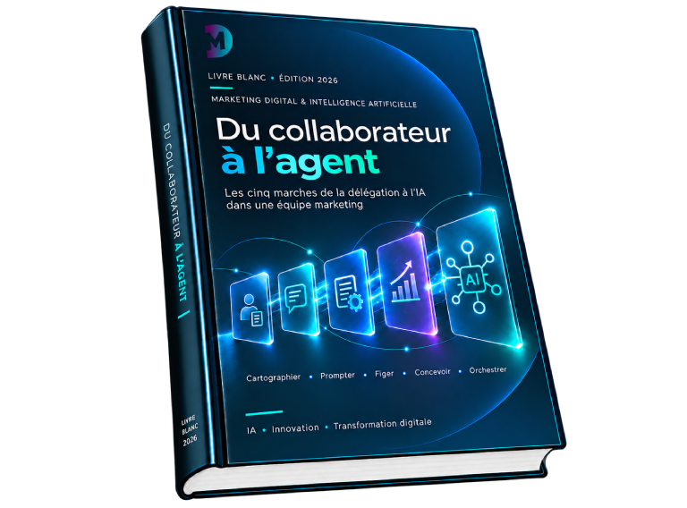 Marketing Digital & Intelligence Artificielle - Du collaborateur à l’agent<br/><span style='font-size: 21px !important;display: inline-block;line-height:39px !important;'>Les cinq marches de la délégation à l’IA dans une équipe marketing : cartographier le travail, écrire les prompts, figer les GPT, concevoir les agents, orchestrer les workflows.</span>